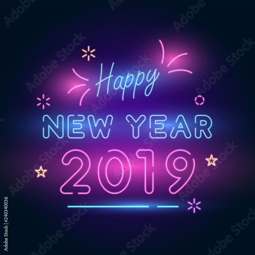 2019 Happy New Year Celebration. Neon Style.
