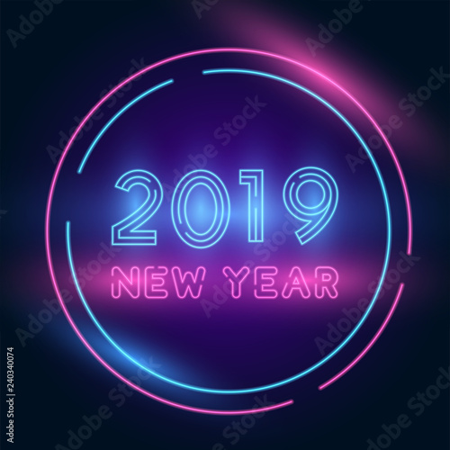 2019 Happy New Year Celebration. Neon Style.