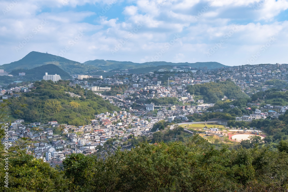 Panorama view of Nagasaki city with montain and  blue sky background, Cityscape, Nagasaki, Kyushu, Japan