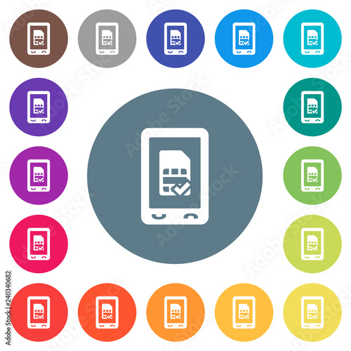Mobile simcard accepted flat white icons on round color backgrounds