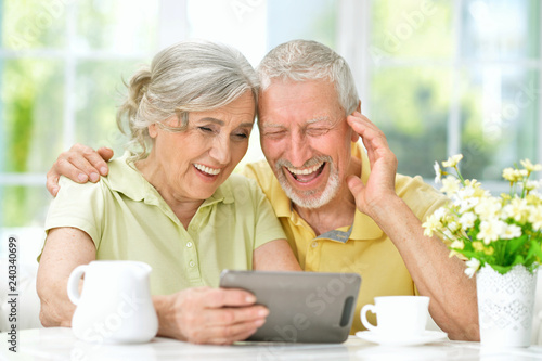 Portrait of beautiful senior couple using tablet