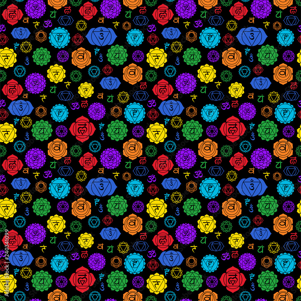Chakras seamless pattern. Vector esoteric background. Hinduism, buddhism. Muladhara, swadhisthana, manipura, anahata, vishuddha, ajna, sahasrara. Line symbol. Om sign Chakras seamless pattern. Vector esoteric background. Hinduism, buddhism. Muladhara, swadhisthana, manipura, anahata, vishuddha, ajna, sahasrara. Line symbol. Om sign