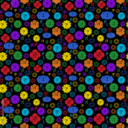 Chakras seamless pattern. Vector esoteric background. Hinduism, buddhism. Muladhara, swadhisthana, manipura, anahata, vishuddha, ajna, sahasrara. Line symbol. Om sign