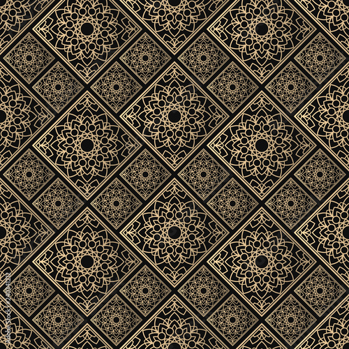 Islamic vector design. Seamless pattern oriental ornament. Black and golden textile print. Floral tiles.