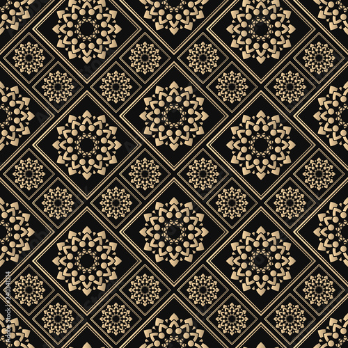 Islamic vector design. Seamless pattern oriental ornament. Black and golden textile print. Floral tiles.