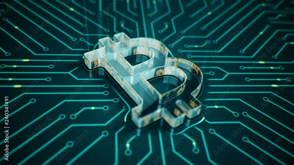 Abstract background with animation of symbol bitcoin from glass on backdrop of glowing circuit.