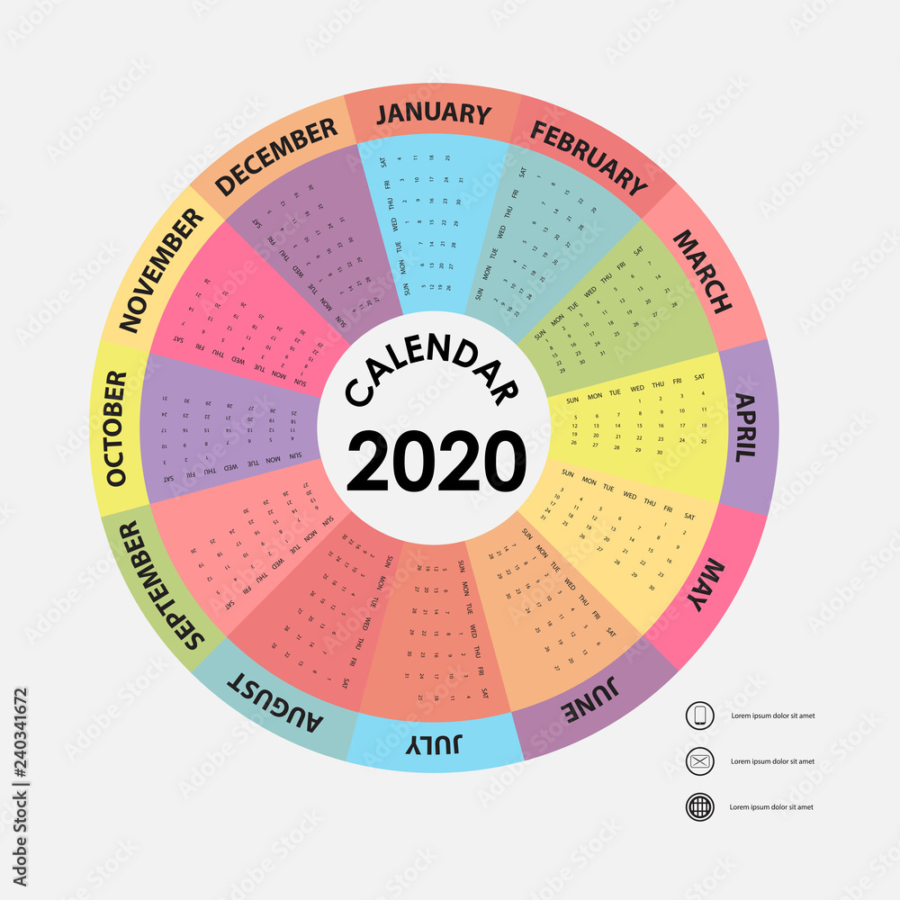 2020 Calendar Template.Calendar 2020 Set of 12 Months.Yearly calendar vector design stationery template.Vector illustration. 2020 Calendar Template.Calendar 2020 Set of 12 Months.Yearly calendar vector design stationery template.Vector illustration.