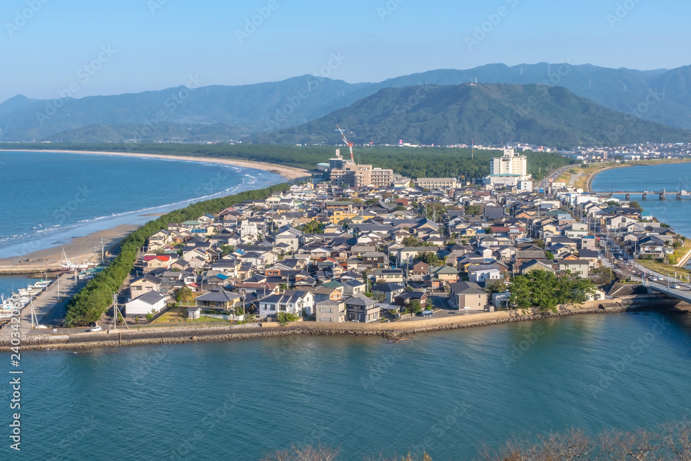 Cityscape of Karatsu city, view from the top of Karatsu castle, Saga, Kyushu, Japan