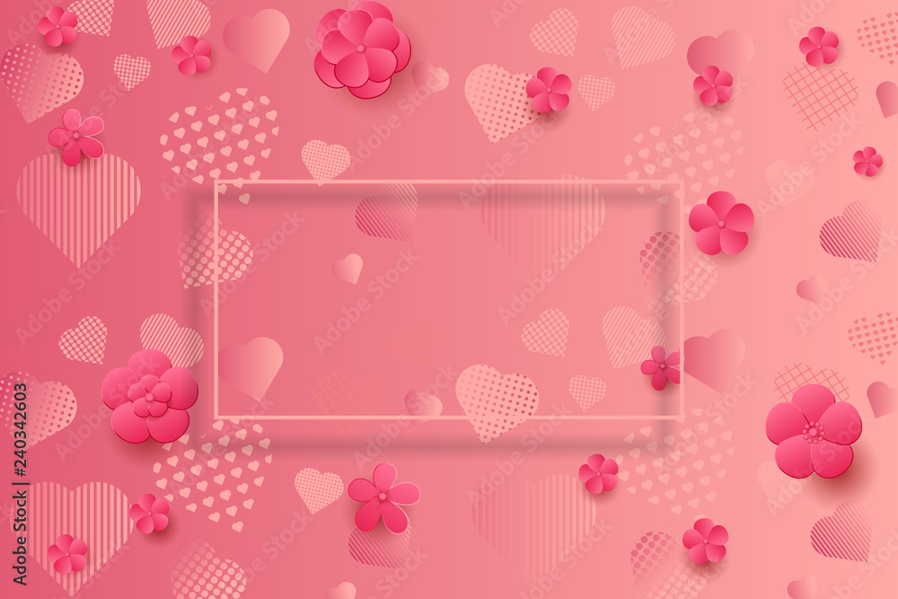 Valentine's Day design. Pink flowers on the pink hearts background Valentine's Day design. Pink flowers on the pink hearts background