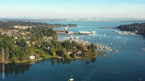 Cinematic Aerial Drone View of Eagle Harbor Bainbridge Island Washington USA and City of Seattle