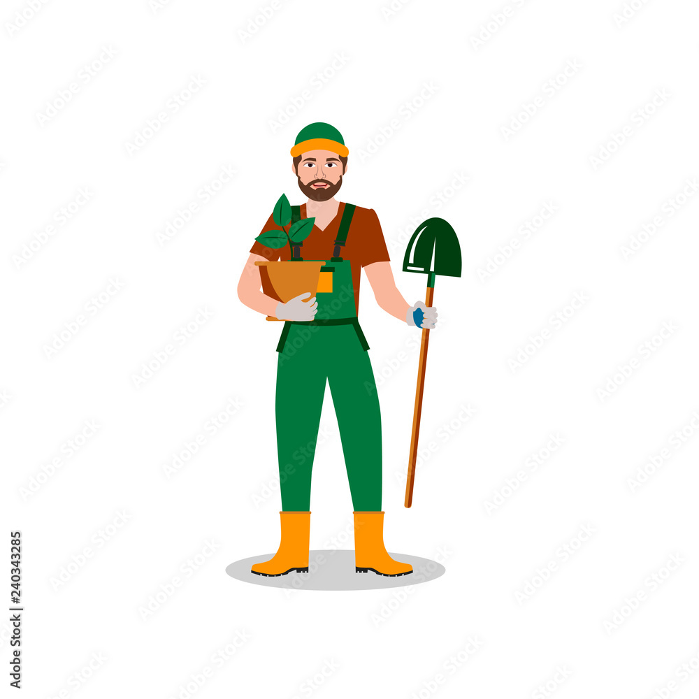 Gardener with a plant pot and shovel. Vector illustration. Concept of gardening Gardener with a plant pot and shovel. Vector illustration. Concept of gardening