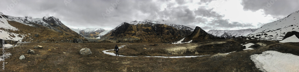 Panoramic view of Annapurna range mountains in a cloudy spring day