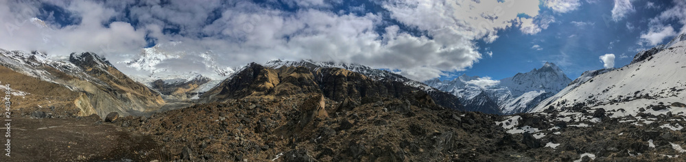 Panoramic scenic view of Annapurna and Machapuchare mountains 