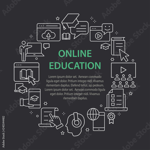 E-learning distance education outline icons set for interface, print.