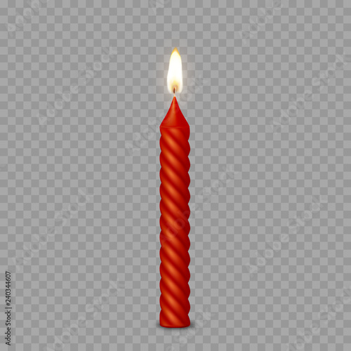 Candle with burning flame light isolated on transparent background. Vector 3D realistic wax red candlelight element design.