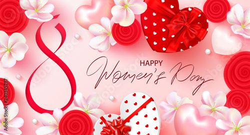 8 March Happy Womens Day banner. Beautiful Background with flowers, hearts and gift boxes. Vector illustration for postcards,posters, coupons, promotional material.