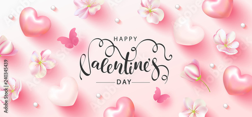 Happy Valentine's Day Festive Card. Beautiful Background with spring flowers, hearts, beads and butterfly. Vector Illustration. photo