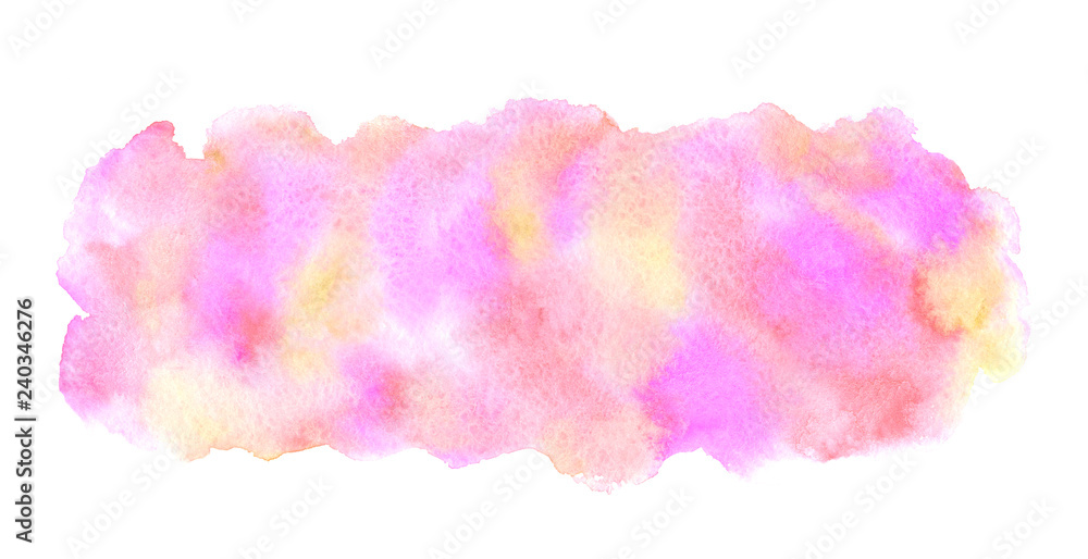 Colorful watercolor rectangle rounded shape with pink, orange, yellow stains. 8 March, Valentine, Women Day background, aquarelle texture. Watercolour hand drawn painted template for banners, frames,