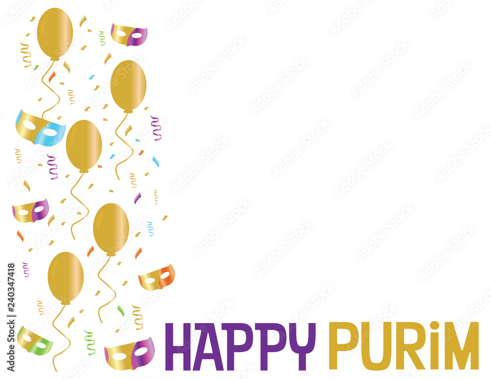 Happy purim Purple and Gold frame with confetti, balloons and masks