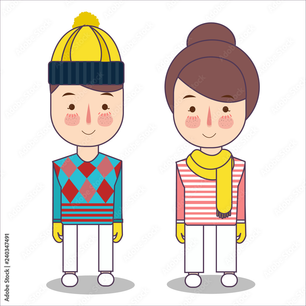 Happy children in winter clothes wearing hat and scarf. girl and boy ready for cold and snow. Vector flat illustration. Happy children in winter clothes wearing hat and scarf. girl and boy ready for cold and snow. Vector flat illustration.