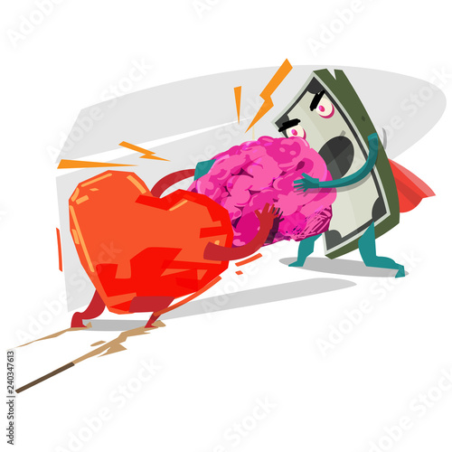 heart scramble brain with money. Follow Your Heart Or Your Wallet - vector
