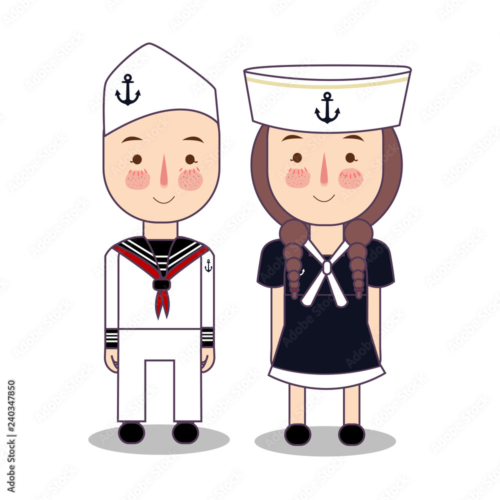 Vector cartoon illustration of cute nautical sailor boy and girls isolated against white background Vector cartoon illustration of cute nautical sailor boy and girls isolated against white background