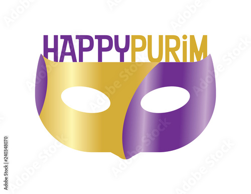 Purple and Gold greeting for Jewish holiday Happy Purim and Mask photo