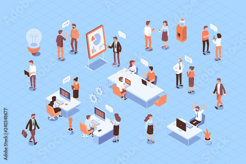 Teamwork, cooperation. Office people.Isometric people vector set.  Isometric office workspace with people working together. Coworking. Flat vector illustration.	