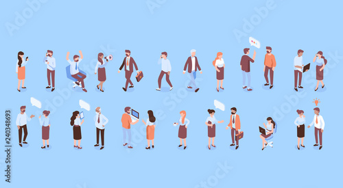 Isometric people flat vector set. Business man and woman. Office life, communication.
