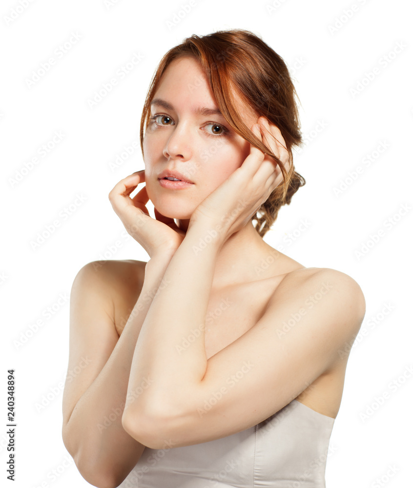 Casual portrait of beautiful woman isolated on white background in studio. Casual portrait of beautiful woman isolated on white background in studio.