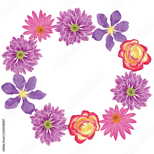 Fototapeta Naklejka Na Ścianę i Meble -  Watercolor beautiful wreath with flowers blossom