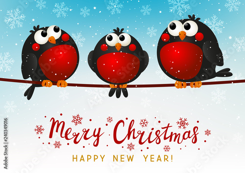 Christmas greeting card with cute bullfinches