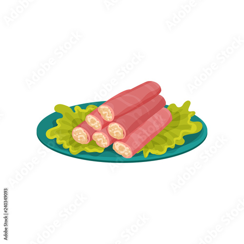 Crab sticks stuffed with melted cheese. Delicious snacks. Food theme. Flat vector for restaurant menu or recipe book