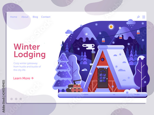 Ski resort landing page template with winter house and smoking chimney on forest. Winter lodging holidays in mountains web banner with snow ski lodge chalet or log cabin on wilderness by wintertime.