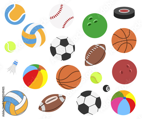 Set of vector realistic sport balls for football, soccer, rugby, tennis, volleyball, basketball, baseball, volleyball, American Football, badminton, gulf, hockey puck isolated on background.