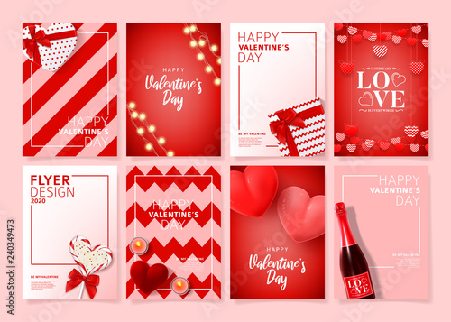 Set of Happy Valentine's Day posters. Vector illustration with realistic Valentine's Day attributes and symbols. Brochures design for promo flyers or covers in A4 format size.