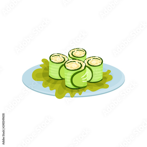 Cucumber rolls stuffed with feta cheese. Tasty snacks for banquet. Holiday food. Flat vector design