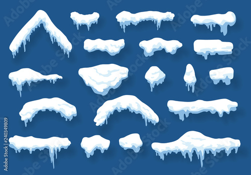 Snow, ice cap with shadow. Snowfall and snowflakes. Winter season. Blue background. Winter time.