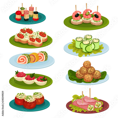 Set of various snacks for banquet. Appetizing food. Culinary theme. Flat vector for recipe book or restaurant menu