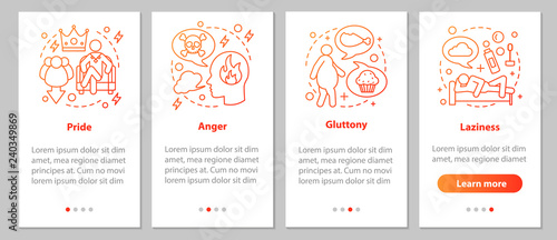 Deadly sins onboarding mobile app page screen with linear concep