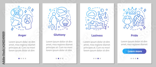 Deadly sins onboarding mobile app page screen with linear concep