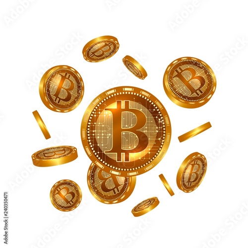 Vector illustration of realistic 3d golden bitcoins. 