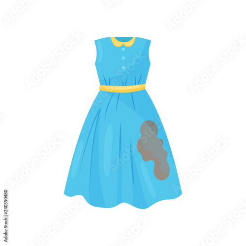 Flat vector icon of beautiful blue dress with brown spot. Woman clothes. Dirty garment for washing. Laundry theme