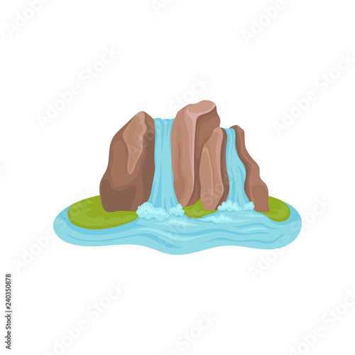 Island with waterfall. Blue water flowing by big mountain. Natural landscape element. Flat vector design