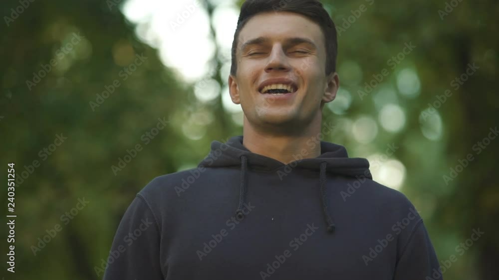 Allergy free man breathing deeply, feeling happiness and relief, healthcare Allergy free man breathing deeply, feeling happiness and relief, healthcare
