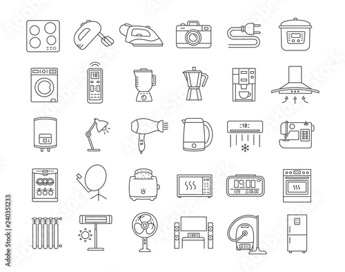 Household appliance linear icons set