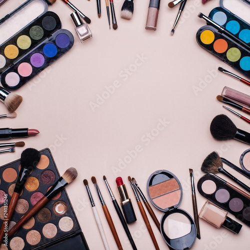 Set of professional cosmetics, makeup tools and accessories for women's beauty