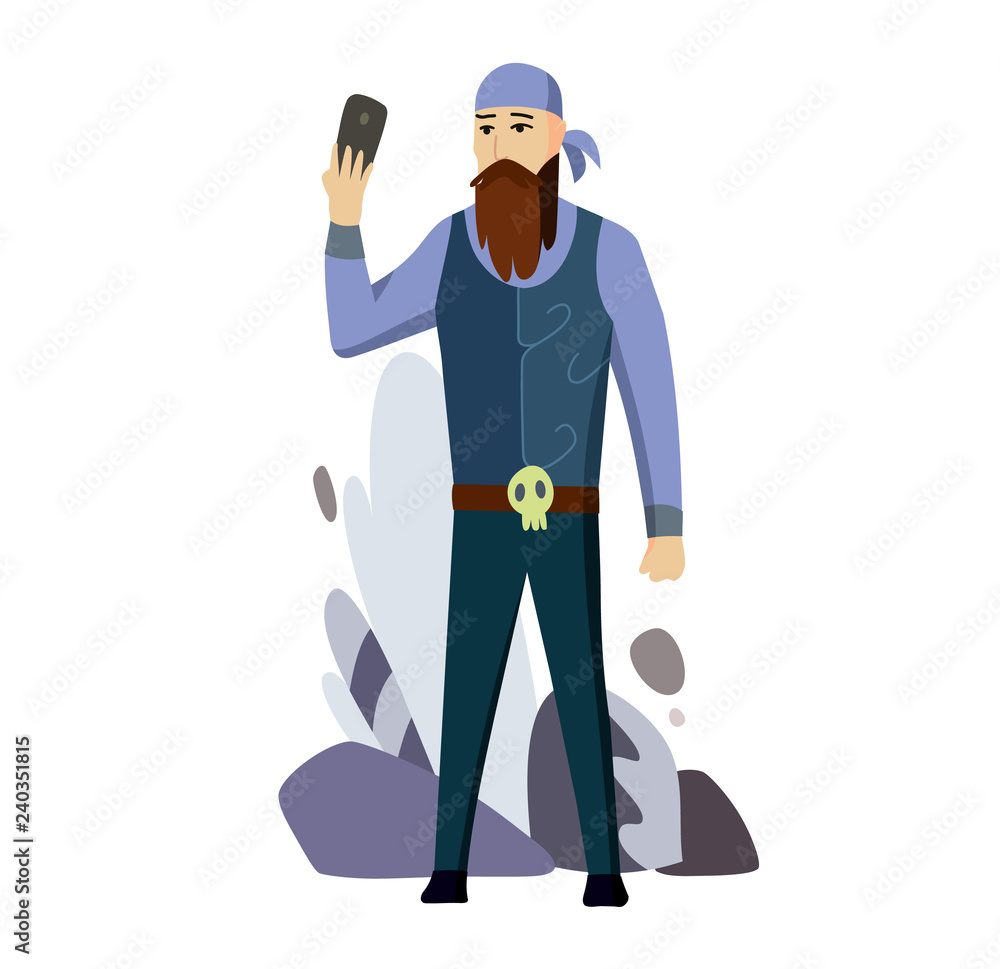 Senior Man Biker Talking Cell Smart Phone Flat Vector Illustration. Man with a beard photographs. Sephi vector concept.