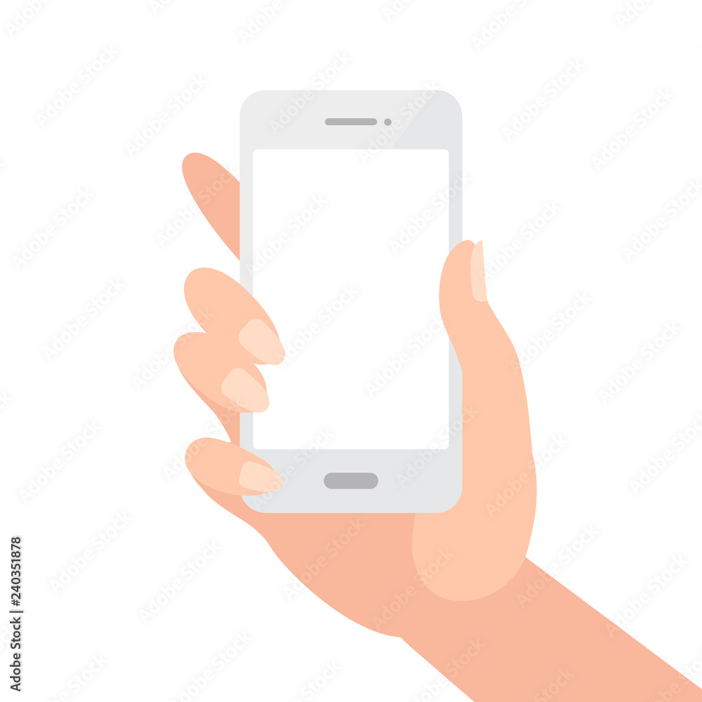 Female hand holding white phone with blank screen isolated on white. Vector illustration in simple flat style.