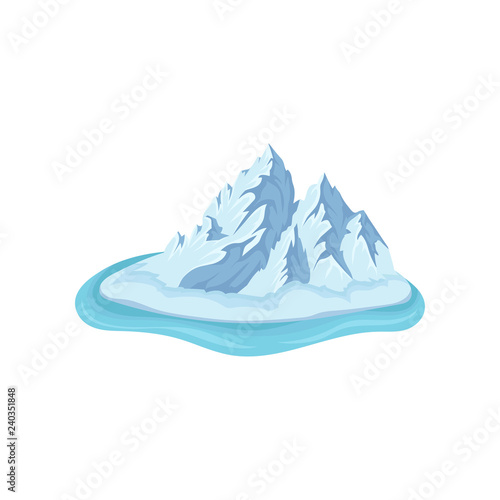 Ice island with big frozen mountain surrounded by water. Arctic landscape element for mobile game. Flat vector icon
